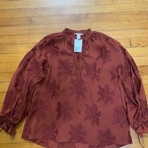 H&M Rich Brown Blouse with Floral Embroidery
